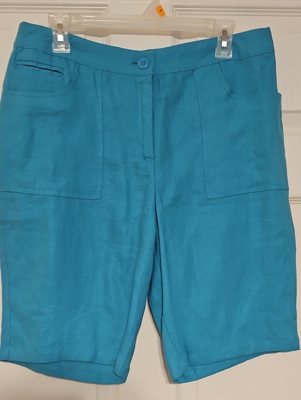 100% Linen Button-Front Shorts Teal Blue